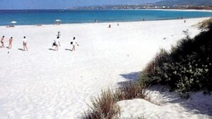 Uma praia com pessoas tomando sol e caminhando.