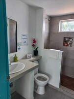 Ducha, toallas, jabón, shampoo