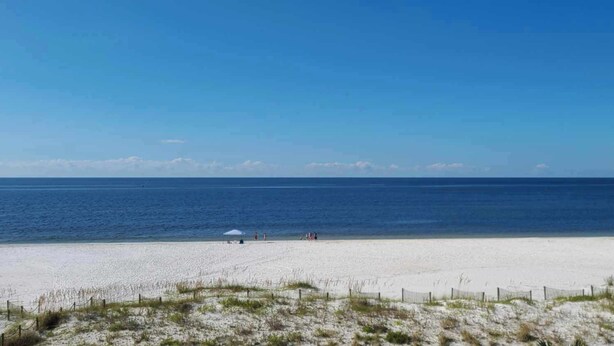 Una playa con cielo despejado, orilla arenosa y una valla en primer plano.