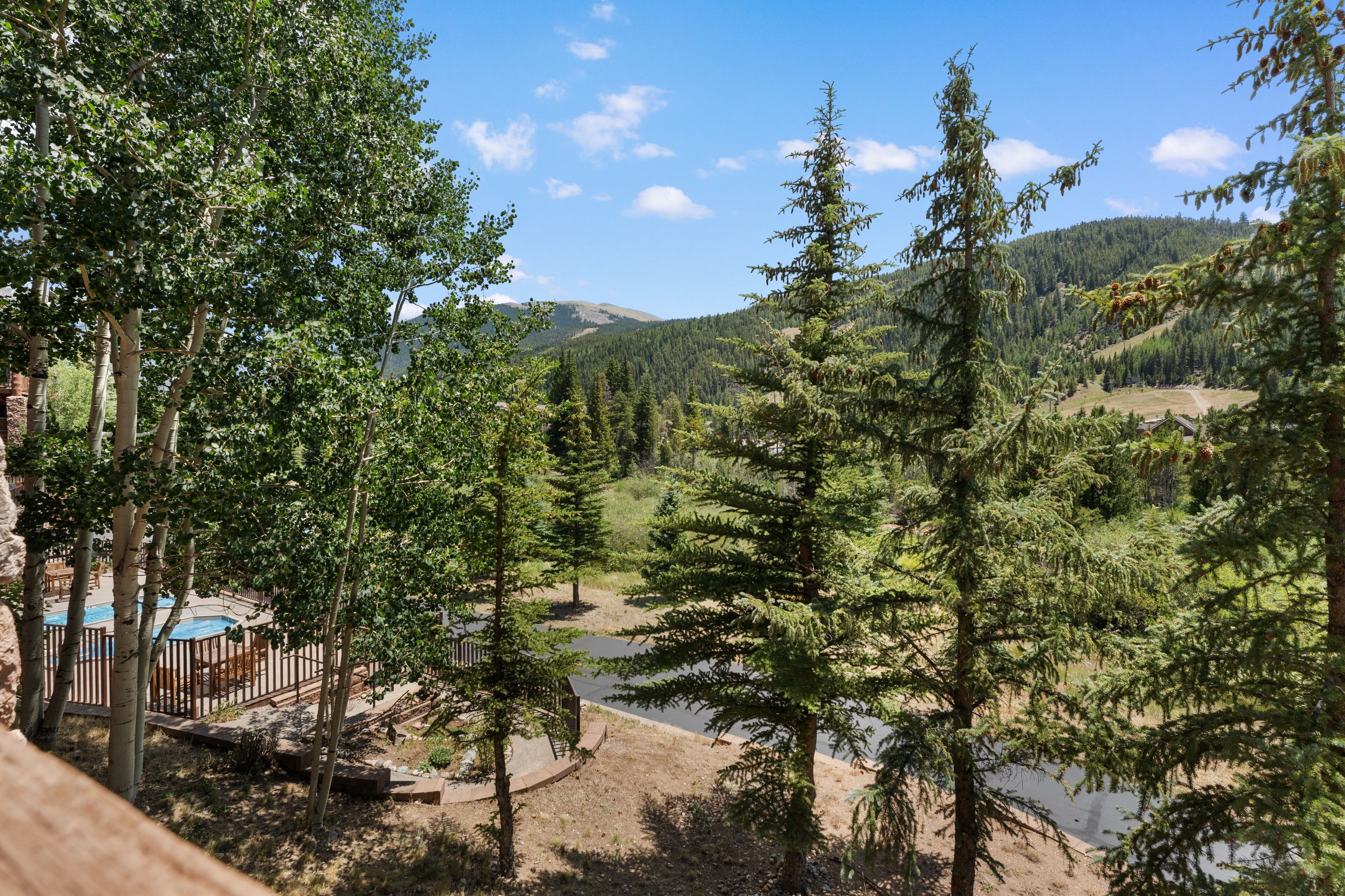 Vue d’une propriété au bord du lac, dotée d’une terrasse en bois, d’une piscine et d’une zone boisée avec de grands arbres.