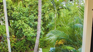 A balcony with two blue chairs, a pool, and lush greenery.