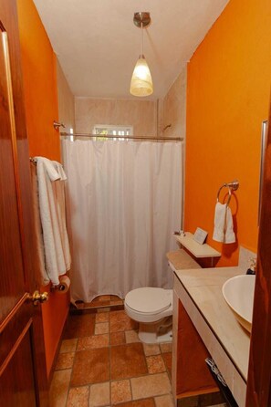 Douche, sèche-cheveux, serviettes fournies, savon