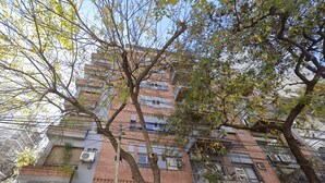Ein mehrgeschossiges Gebäude mit Balkonen, Klimaanlagen und einem Baum im Vordergrund.