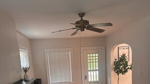 A living room with a fireplace, a ceiling fan, a sofa, a coffee table, and a potted plant.