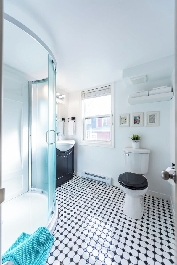Douche, séchoir à cheveux, serviettes fournies, savon