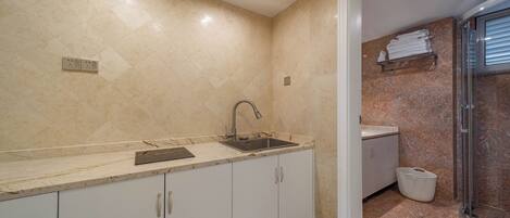 A modern bathroom with a sink, mirror, and shower area.