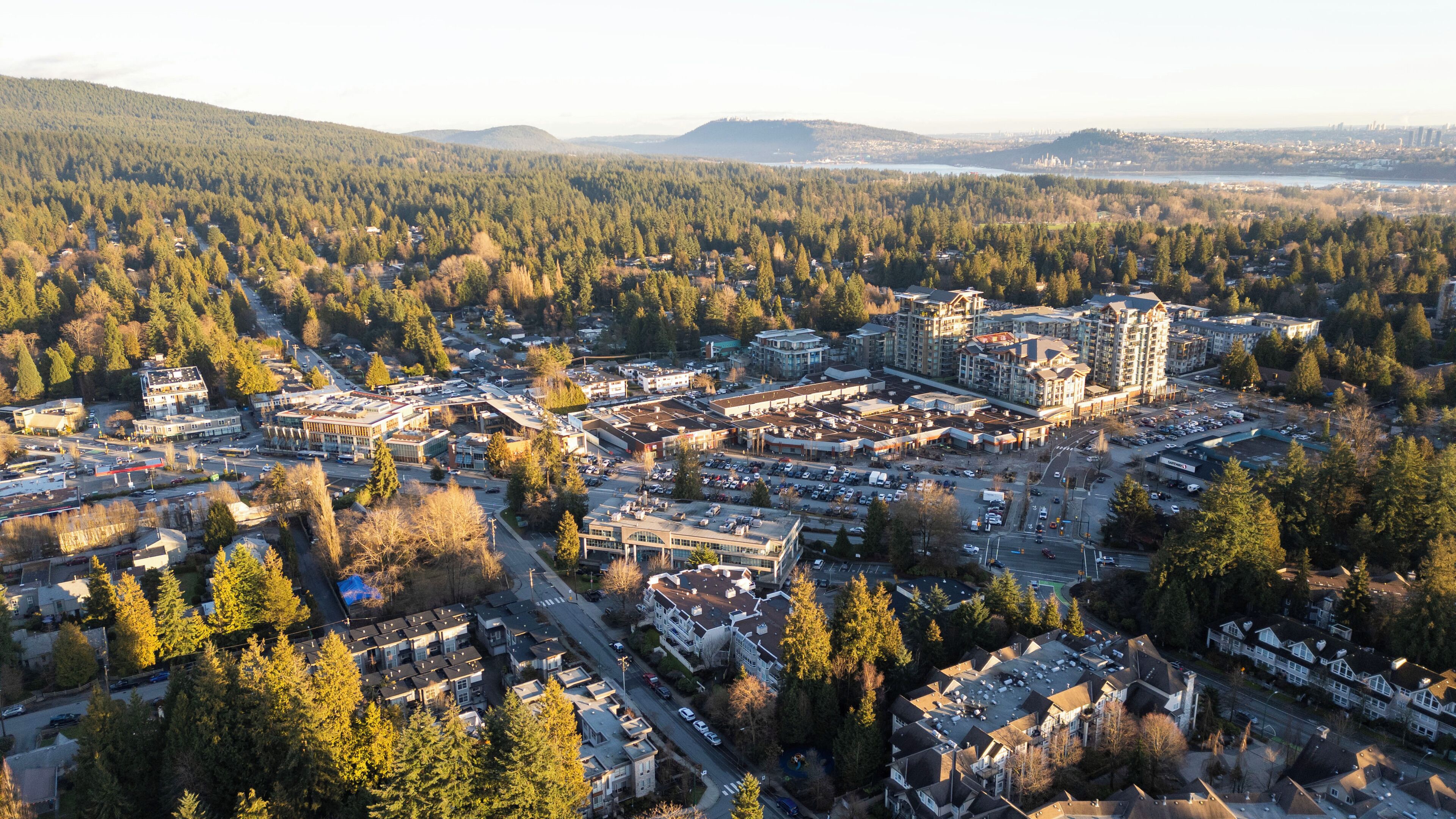 An aerial view of a town with dense forested areas, a mix of residential and commercial buildings, and a large parking lot.