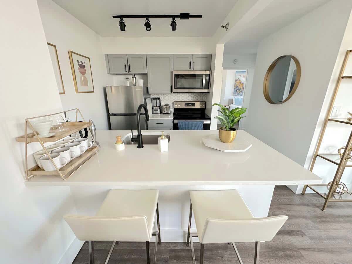 冷蔵庫、電子レンジ、オーブン、コンロ