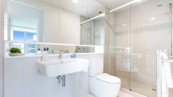 Shower, towels, shampoo, toilet paper