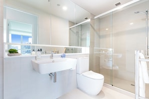 Shower, towels, shampoo, toilet paper