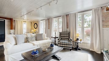 Tv, eldstad och böcker