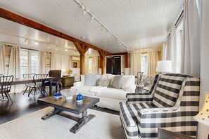 TV, fireplace, books