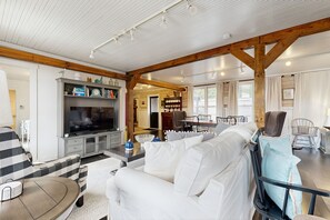 TV, fireplace, books