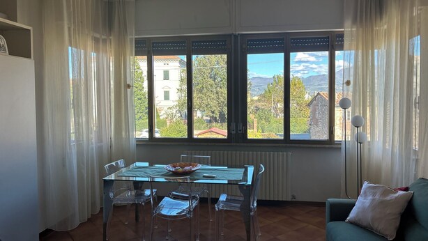 A dining area with a table and chairs, a window with a view of buildings and trees, and a green sofa with a red blanket.