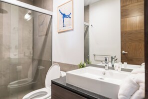 Shower, hair dryer, towels