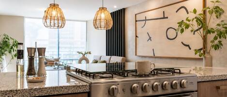 Fridge, microwave, oven, stovetop