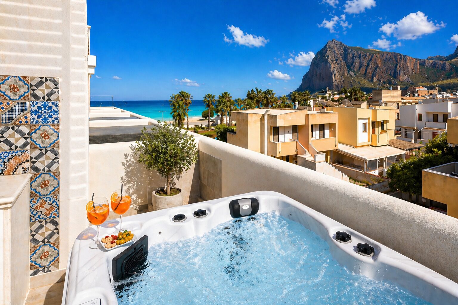 Un bain à remous avec des boissons et des fruits, offrant une vue sur une plage et des bâtiments.