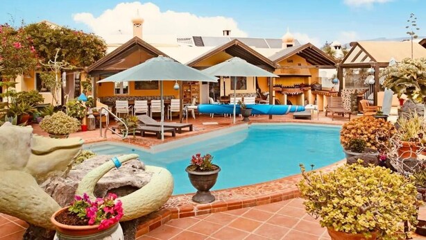 A pool area with lounge chairs, umbrellas, and potted plants.