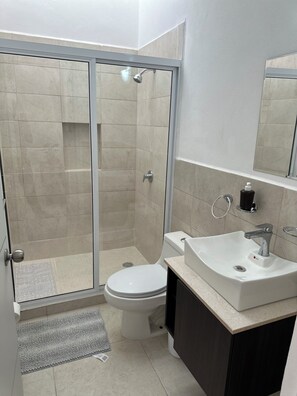 Shower, towels, soap, toilet paper