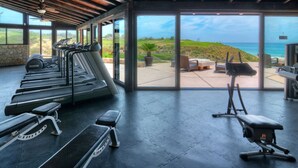 Ein Fitnessraum mit Laufbändern, einer Bank und einem Rudergerät, mit Blick auf eine malerische Aussicht auf das Meer und die Hügel.