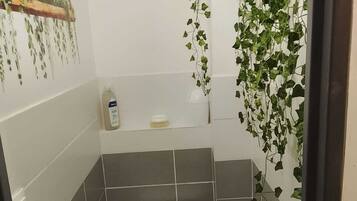 Shower, towels, soap, shampoo