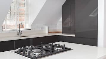 Deluxe Apartment | Private kitchen | Full-sized fridge, microwave, oven, stovetop
