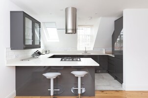 Deluxe Apartment | Private kitchen | Full-size fridge, microwave, oven, stovetop