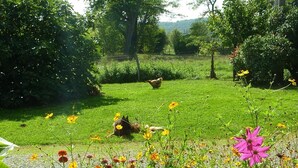 Eine grüne Rasenfläche mit verschiedenen Blumen und einem Huhn.