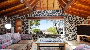 A cozy room with a stone wall, a wooden ceiling, a sofa, a coffee table, and a TV. - CASA VERDE Apartment 4 Detached small house. Sea view Risco Famara (CN)
