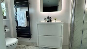 Shower, hair dryer, bidet, towels