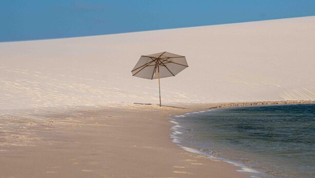 Uma praia com um único guarda-sol.