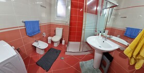 Regadera, secadora de cabello, bidet, toallas 