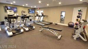 Ein Fitnessraum mit Laufbändern, Crosstrainern, einer Hantelbank und verschiedenen Trainingsbällen.