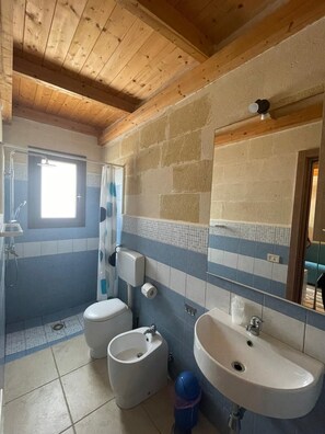 Douche, sĂšche-cheveux, bidet, serviettes fournies