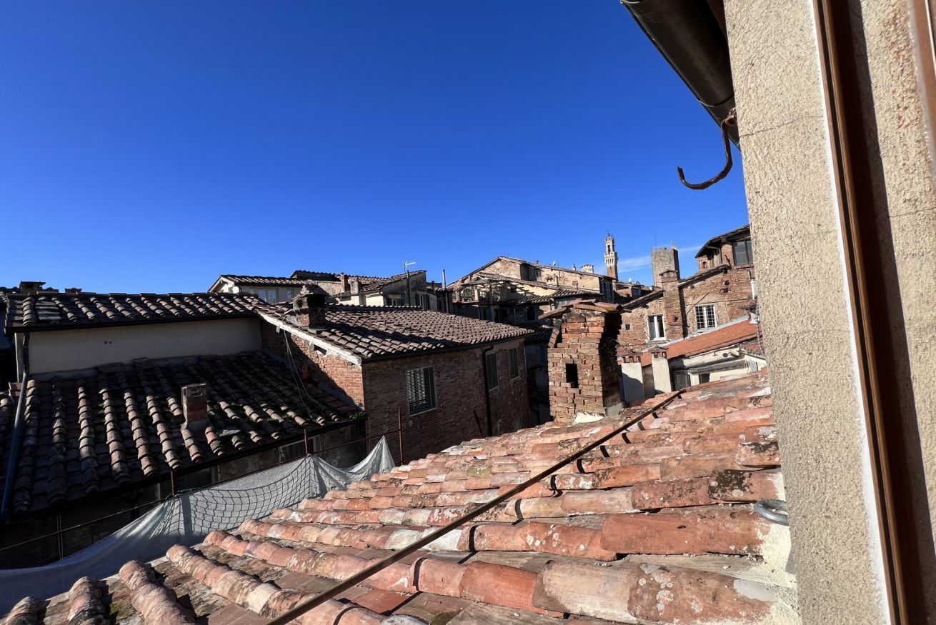 A view of terracotta-roofed buildings with a clear blue sky.