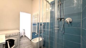 Shower, hair dryer, bidet, towels