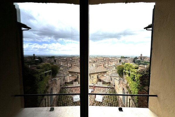 A view from a window overlooking a densely packed cityscape with historic buildings and a distant tower.
