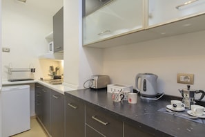 Fridge, microwave, stovetop, coffee/tea maker