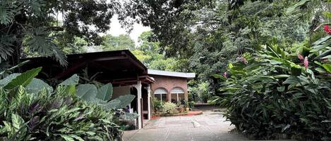 A pathway leading to a brick building with arched windows, surrounded by lush greenery and large-leafed plants.