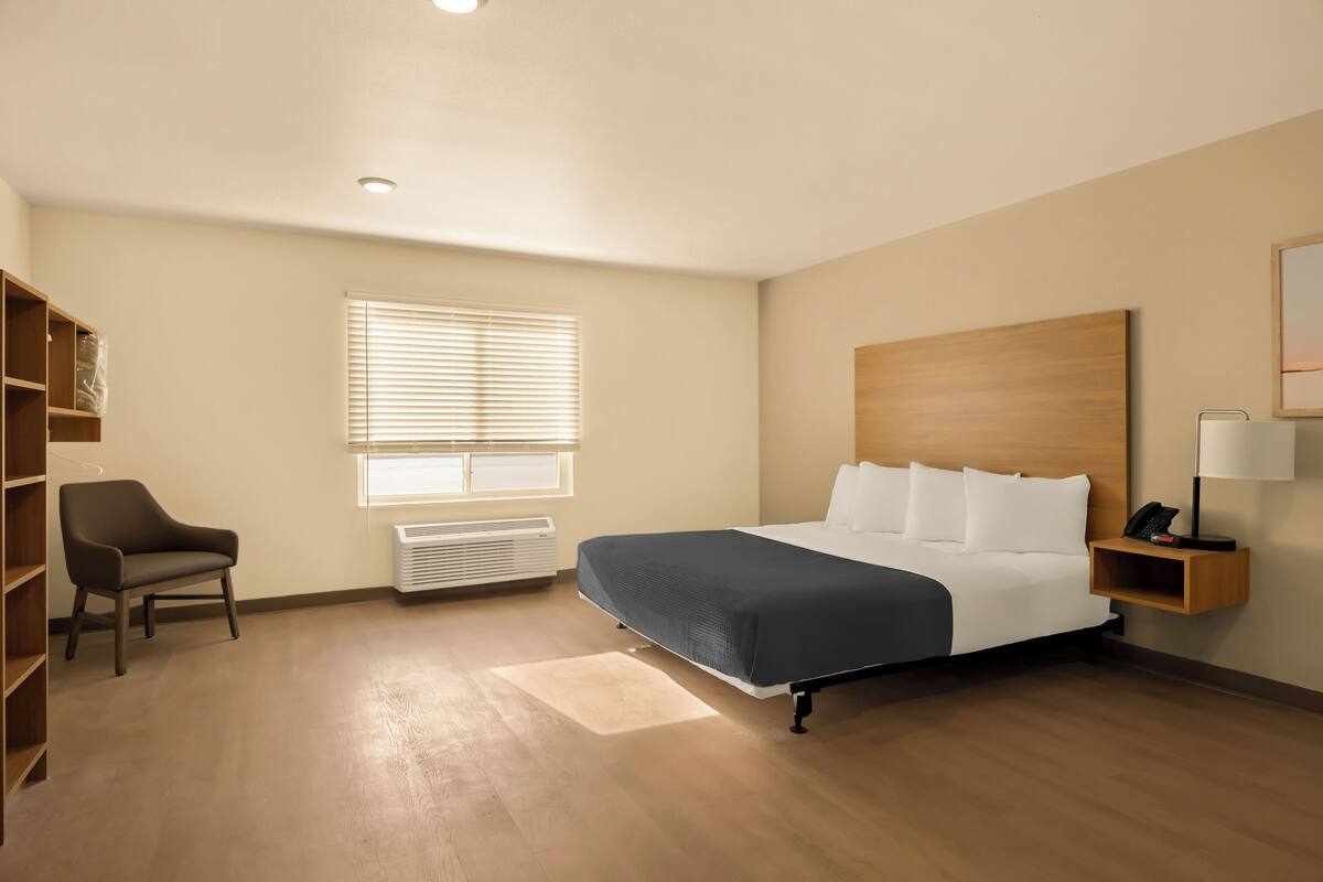 Une chambre d’hôtel avec un lit, une chaise, une table de chevet, une bibliothèque et une fenêtre avec des stores.