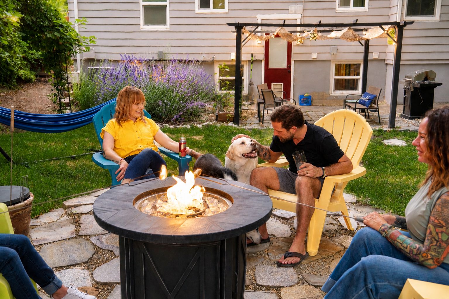 Une terrasse avec un foyer extérieur, des sièges et un espace jardin.