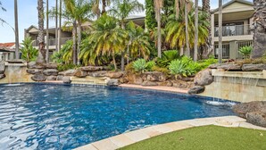 A swimming pool with a stone border, surrounded by tropical plants and palm trees.