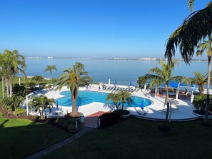 Un área de piscina con sillones de descanso, palmeras y vista al mar.