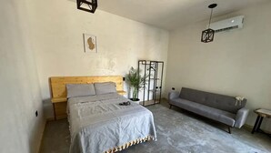 Una camera da letto con un letto, un divano grigio, una pianta in vaso e un condizionatore d'aria a parete.