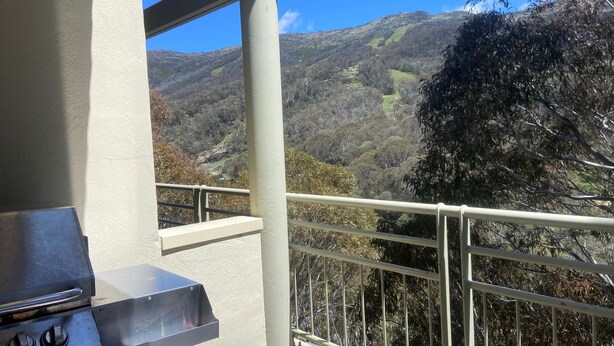 Un balcon doté d’une balustrade en métal, offrant une vue sur un paysage montagneux.