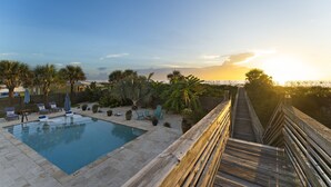 Piscina com espreguiçadeiras e guarda-sóis, cercada por palmeiras e um deck de madeira.