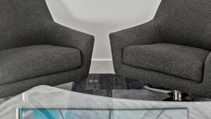 Une pièce avec deux fauteuils gris placés face à un téléviseur fixé au mur, qui diffuse une image de ciel dégagé avec des palmiers et un avion.