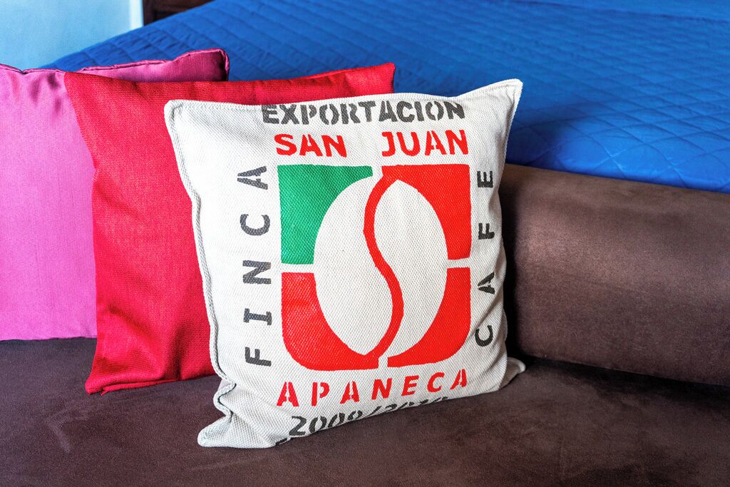 Un almohadón con el texto "EXPORTACION SAN JUAN APANECAS 2008-2018" sobre una cama con ropa de cama azul y un almohadón rosa.