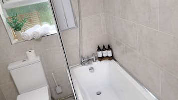 Hair dryer, bidet, towels, soap
