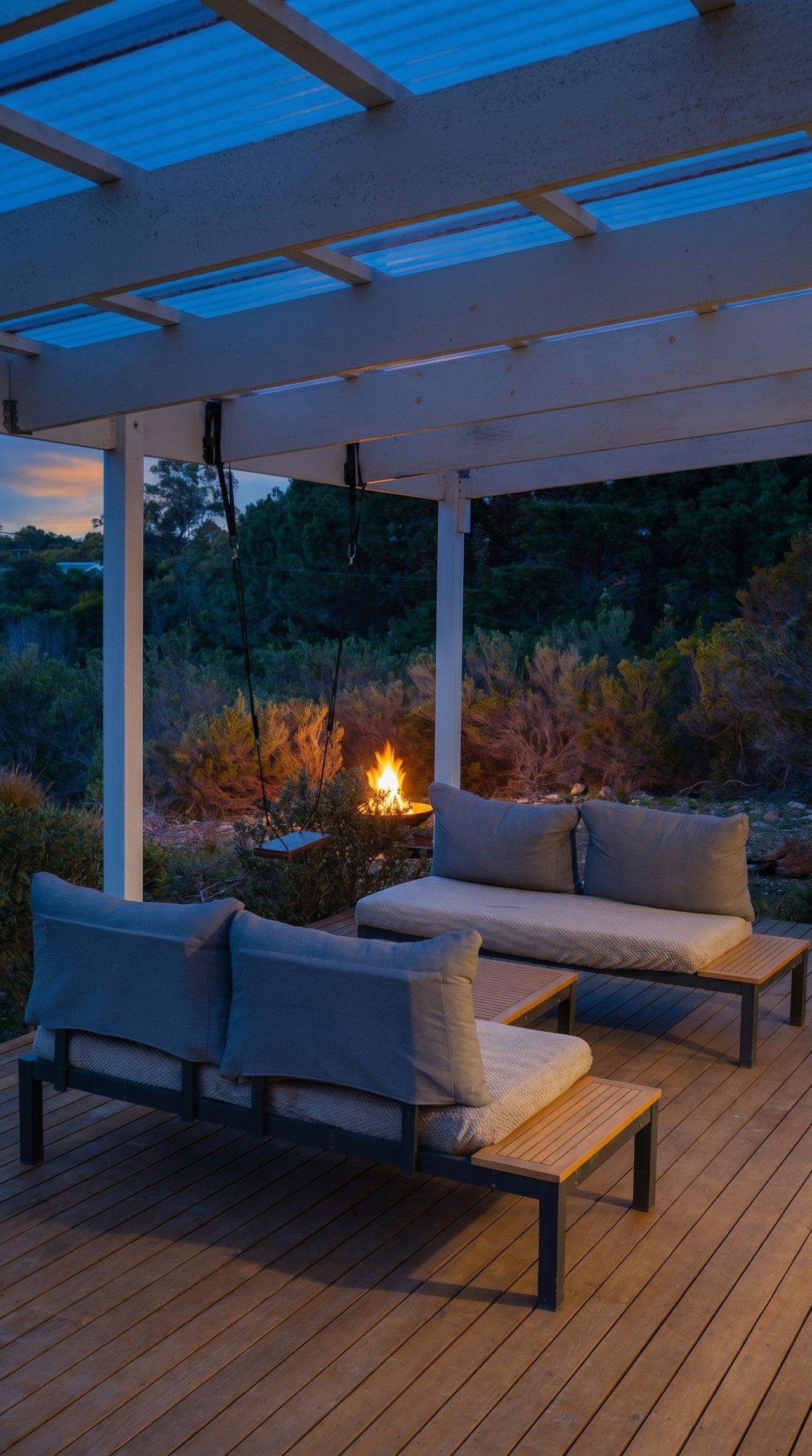 An outdoor seating area with a fire feature.